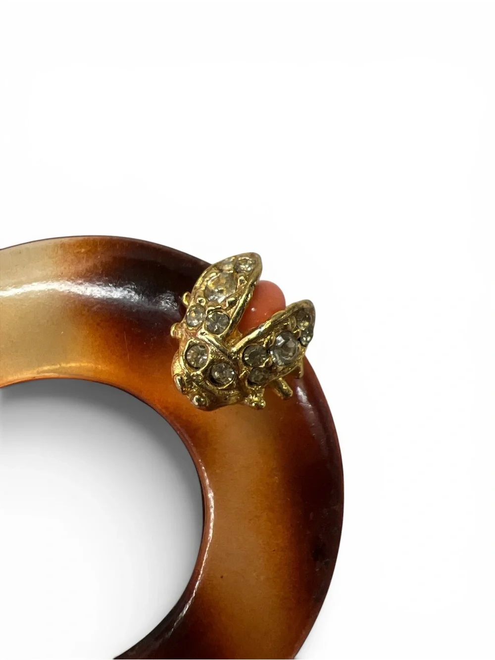 Tortoiseshell-Style Hair Fork w/ Gold-Coral-Diamond -style Ladybug Accent France
